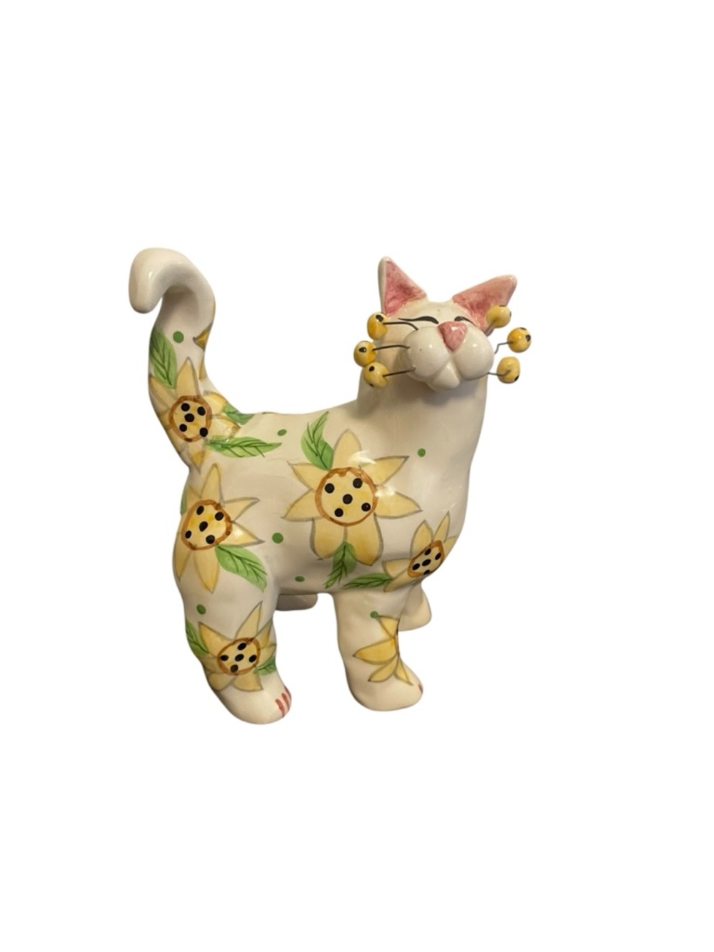 Annaco Creations 2001 Sunflower Cat Ceramic Figurine Whimsical Wire Whiskers
